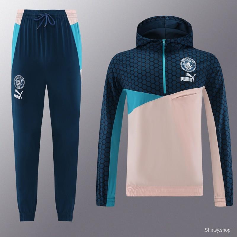23/24 Manchester City Half Navy/Pink Half Zipper Windbreaker Jacket+Pants